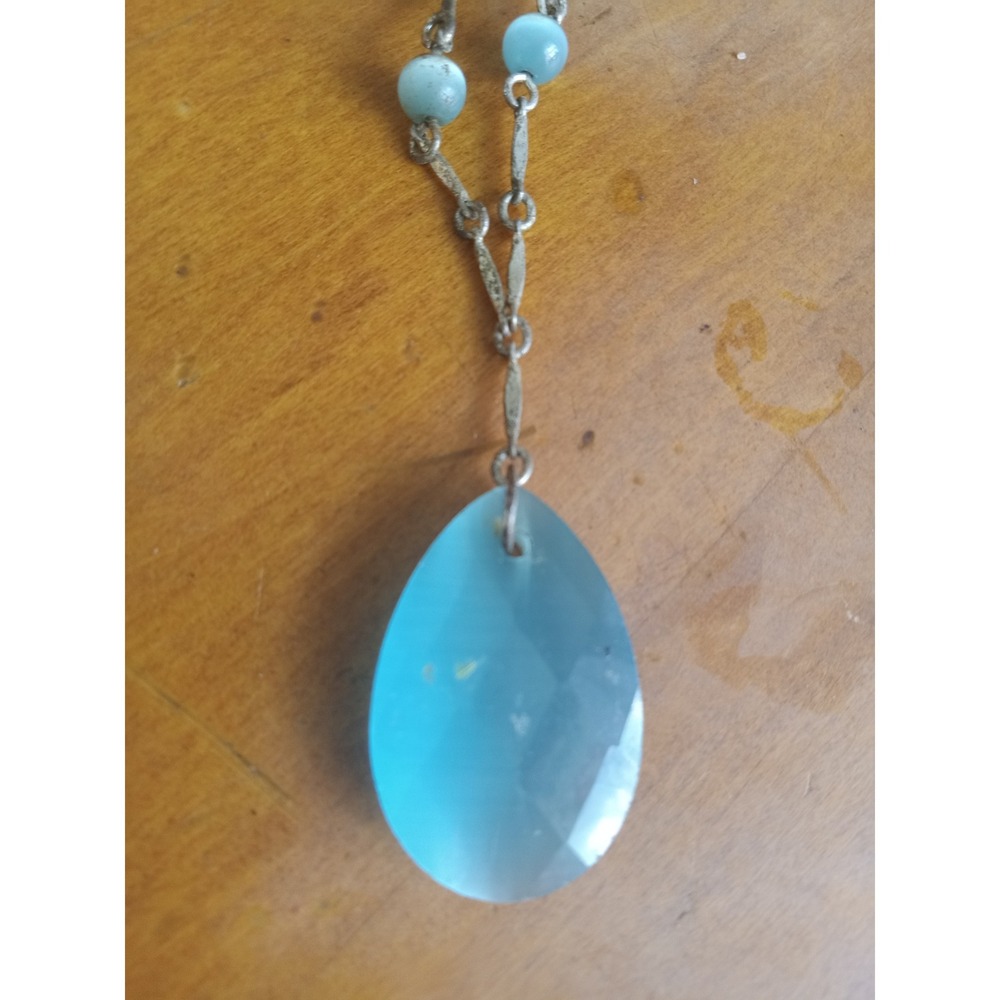 Vintage Aqua Blue Faceted Teardrop Pendant Necklace Silver Tone Beaded Chain - Picture 2 of 3